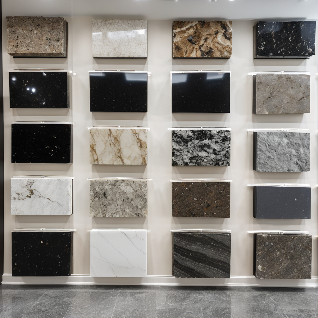 Premium granite and quartz slab samples in showroom